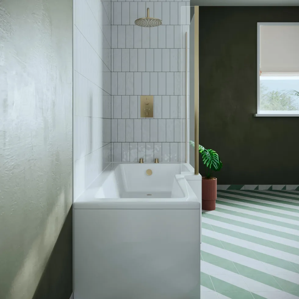 Drench L Shaped Shower Bath with Brushed Brass Shower Screen & Panel - 1700mm