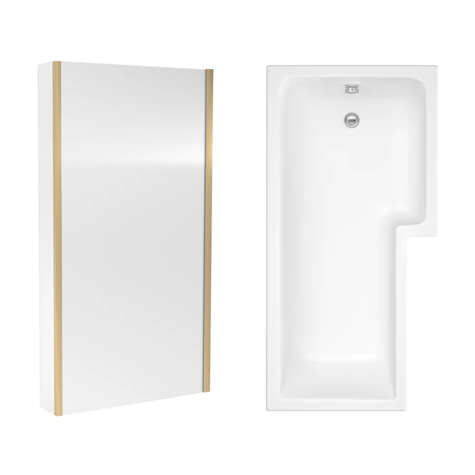 Drench L Shaped Shower Bath with Brushed Brass Shower Screen & Panel - 1700mm