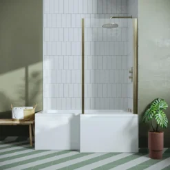 Drench L Shaped Shower Bath with Brushed Brass Shower Screen & Panel - 1500mm