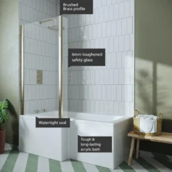 Drench L Shaped Shower Bath with Brushed Brass Shower Screen & Panel - 1500mm