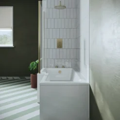 Drench L Shaped Shower Bath with Brushed Brass Shower Screen & Panel - 1500mm