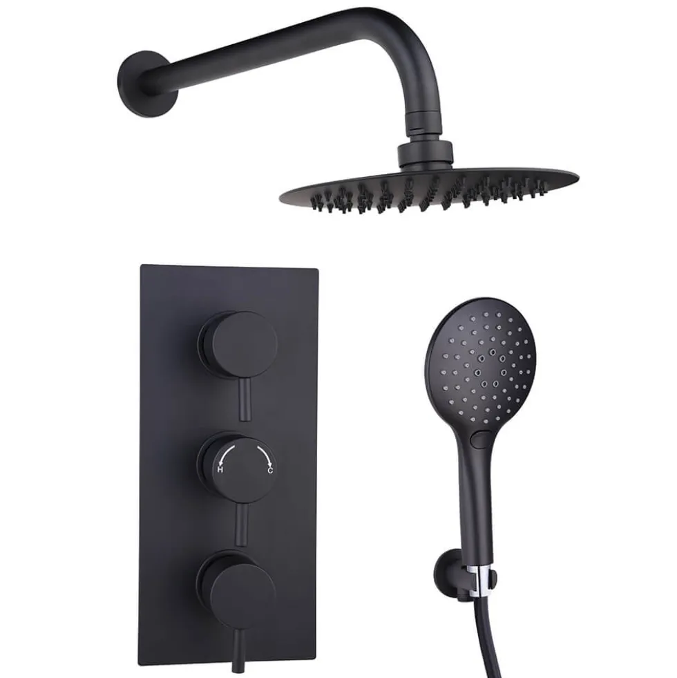 Drench Noir Matt Black Round Concealed Shower System with Fixed Head & Wall Mounted Shower Handset