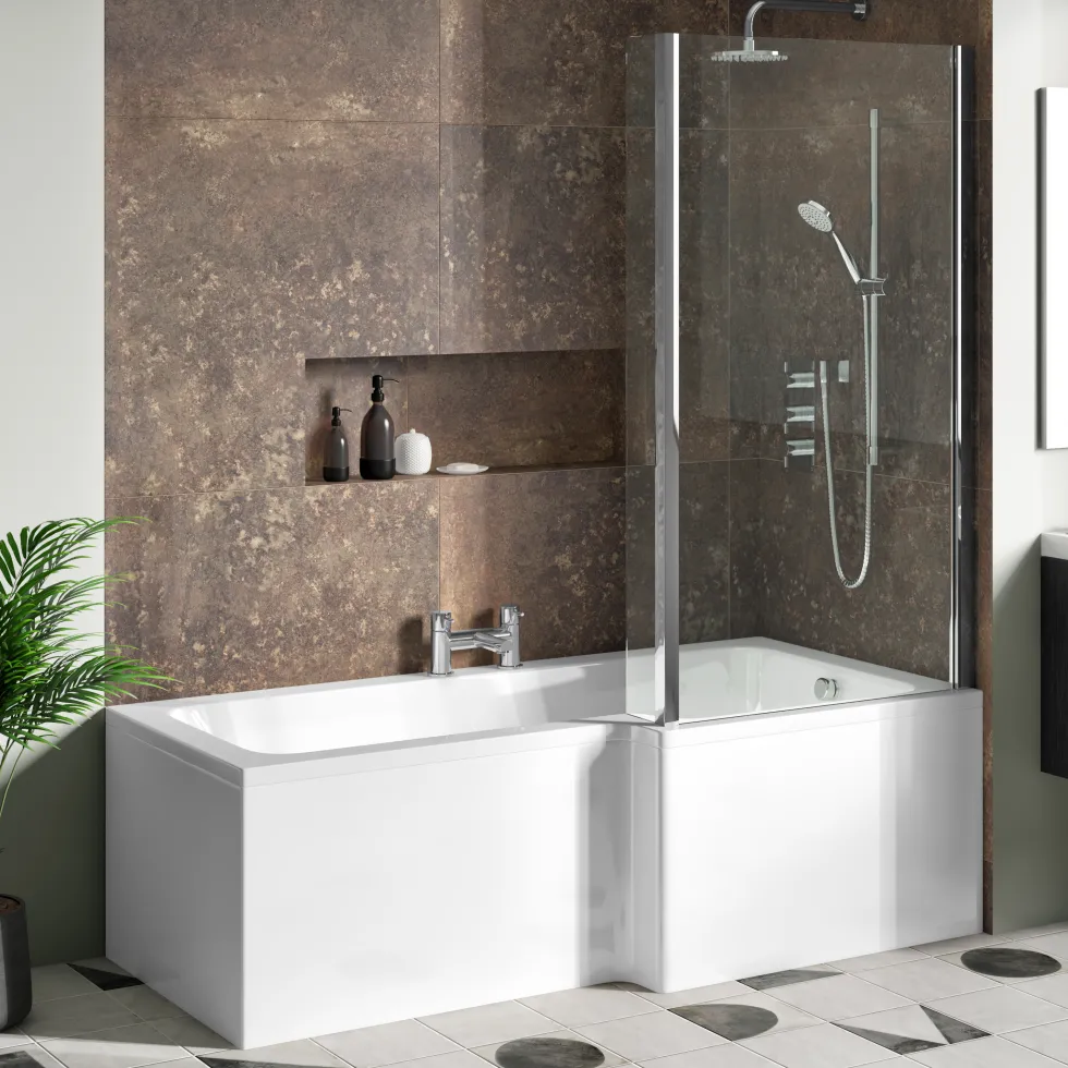 Drench Polished Chrome Fixed L-Shaped Bath Screen with Fixed Return - 1400 x 800mm