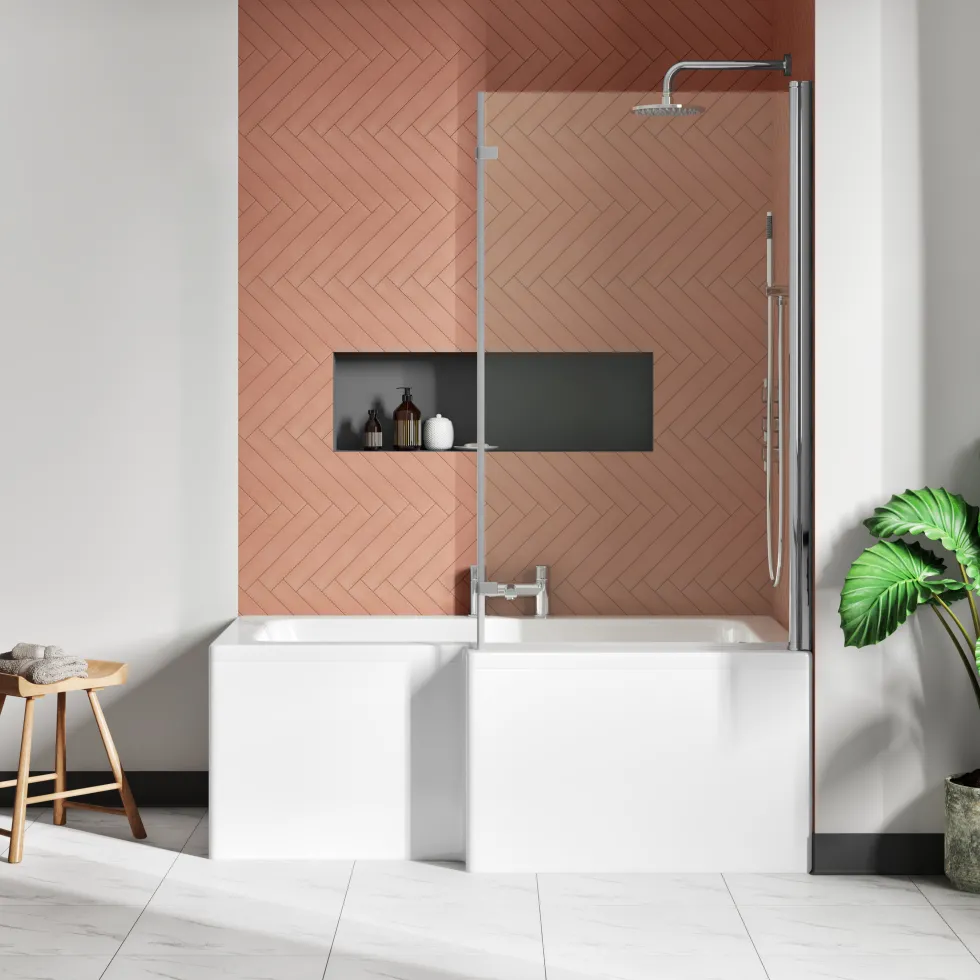 Drench Polished Chrome Hinged L-Shaped Bath Screen with Fixed Return - 1400 x 815mm
