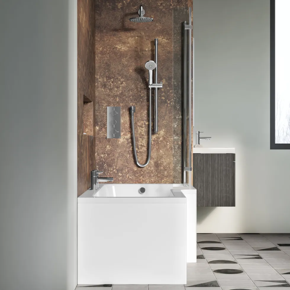 Drench Polished Chrome Hinged L-Shaped Bath Screen with Fixed Return - 1400 x 815mm