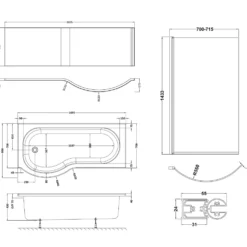 Drench P Shaped Shower Bath with Front Panel and Shower Screen - 1700mm