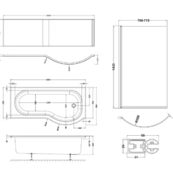 Drench P Shaped Shower Bath with Front Panel and Shower Screen - 1700mm