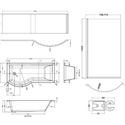 Drench P Shaped Shower Bath with Front Panel and Shower Screen - 1700mm