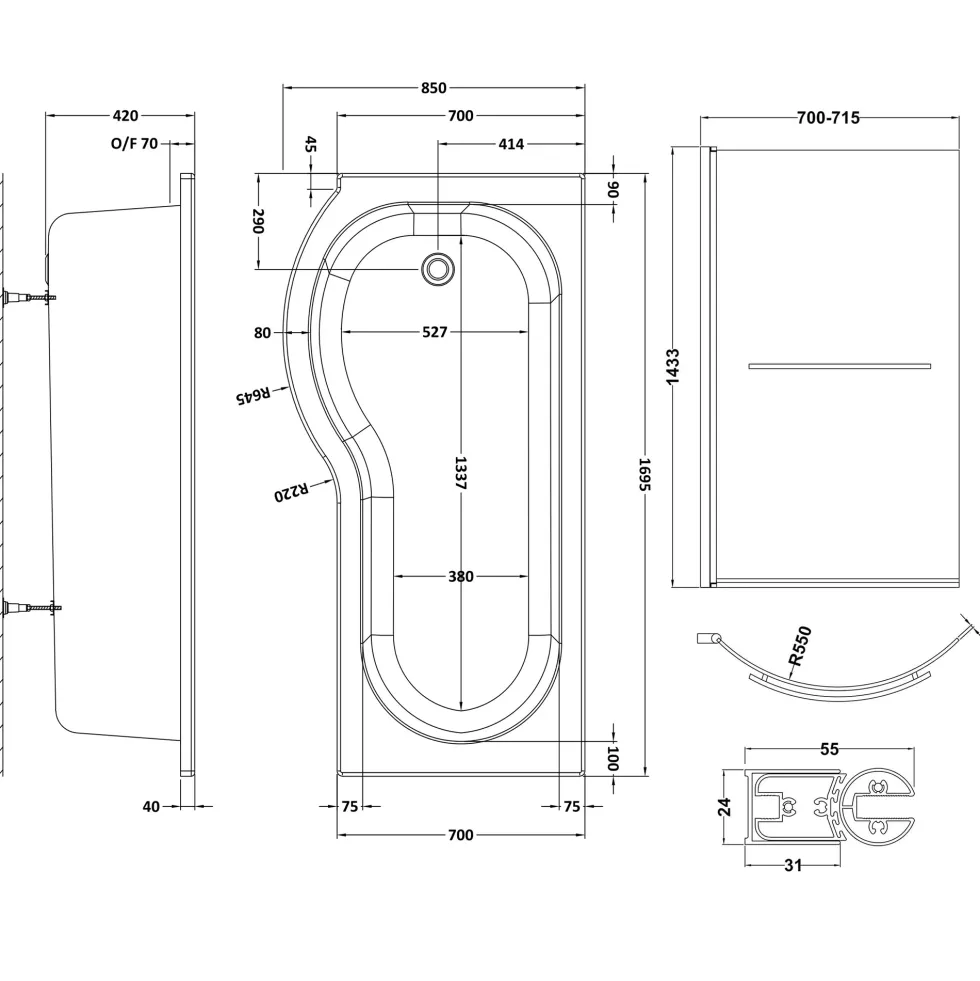 Drench P Shaped Shower Bath with Front Panel and Shower Screen - 1700mm
