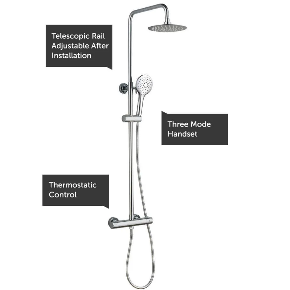 Drench Round Telescopic WRAS-Approved Thermostatic Rigid Riser Shower Set with Slim Head
