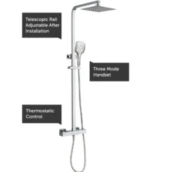 Drench Square Telescopic WRAS-Approved Thermostatic Rigid Riser Shower Set with Slim Head