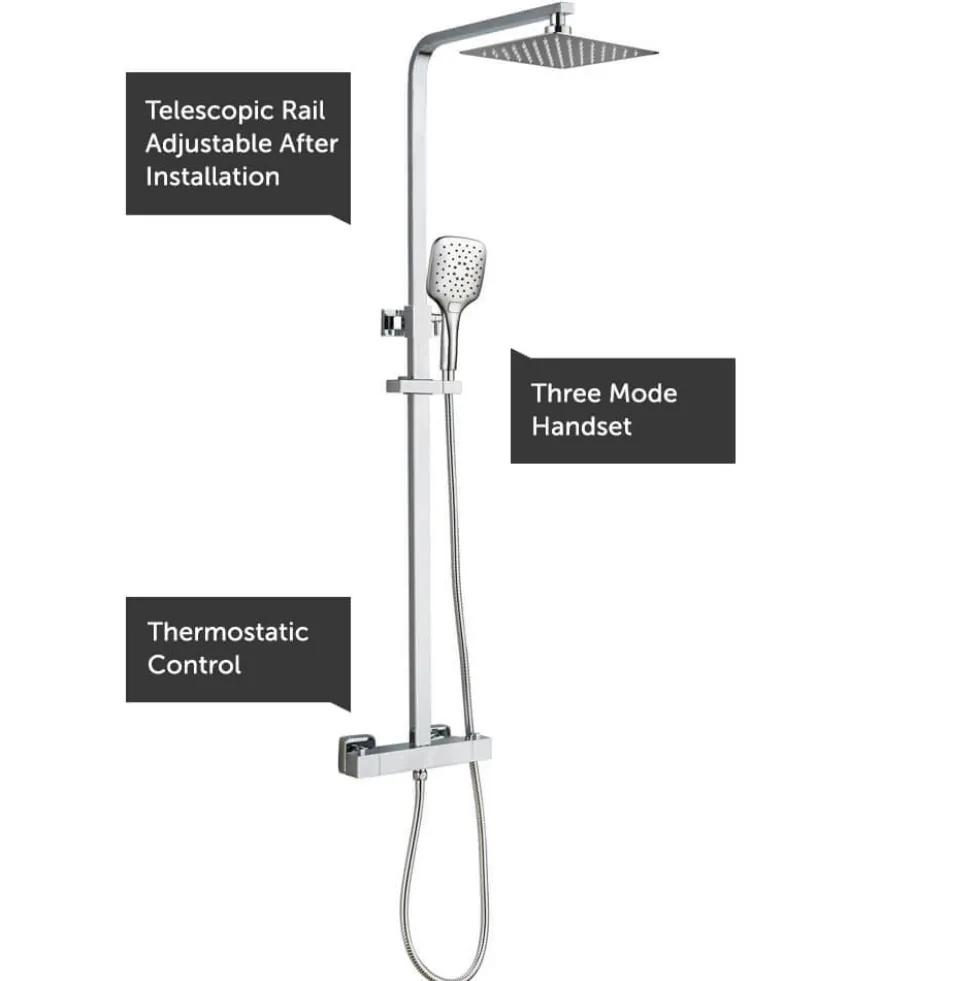 Drench Square Telescopic WRAS-Approved Thermostatic Rigid Riser Shower Set with Slim Head
