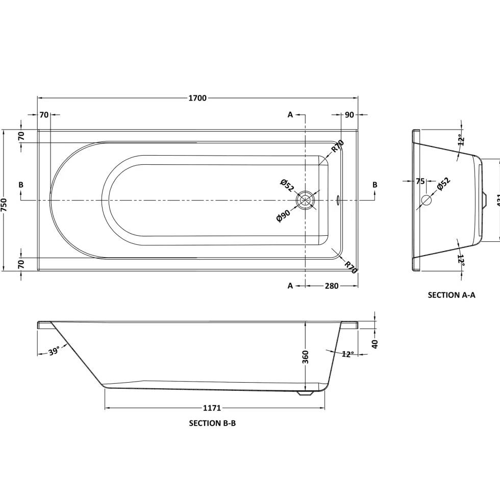 Drench Straight Single Ended Bath - Curved