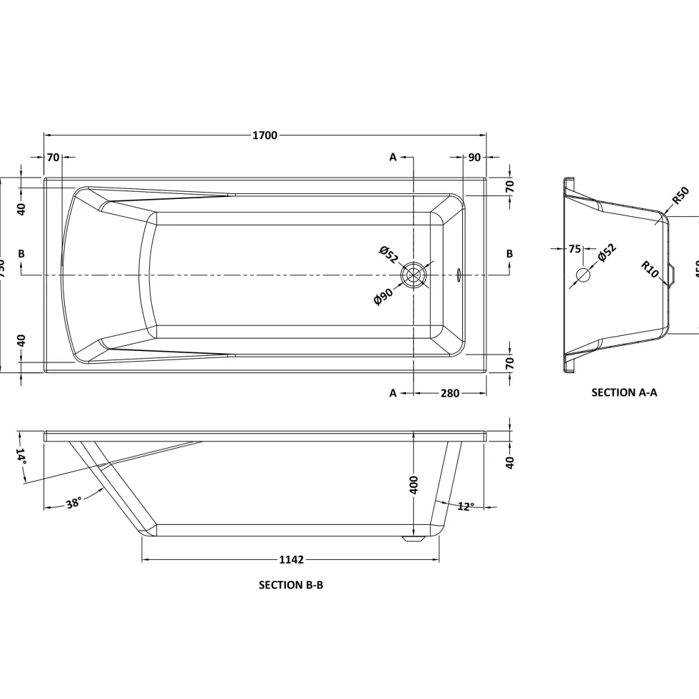 Drench Straight Single Ended Bath - Square