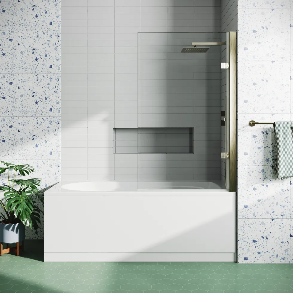 Drench Straight Single Ended Curved Bath & Brushed Brass Shower Screen