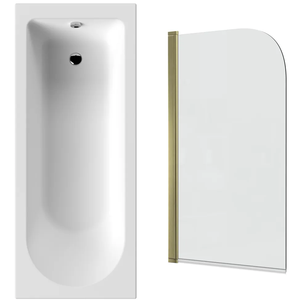 Drench Straight Single Ended Curved Bath & Brushed Brass Shower Screen