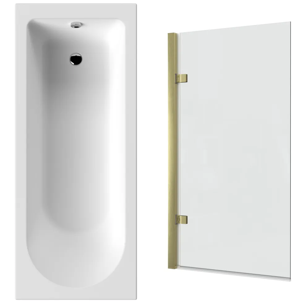 Drench Straight Single Ended Curved Bath & Brushed Brass Shower Screen
