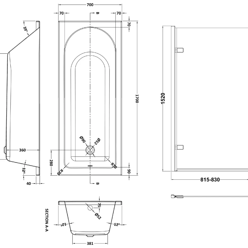 Drench Straight Single Ended Curved Bath & Brushed Brass Shower Screen
