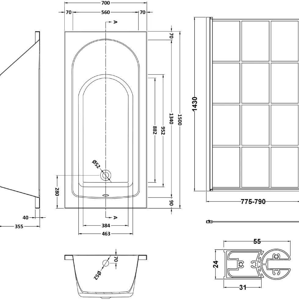 Drench Straight Single Ended Curved Bath & Matt Black Shower Screen