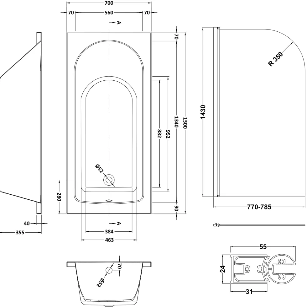Drench Straight Single Ended Curved Bath & Shower Screen