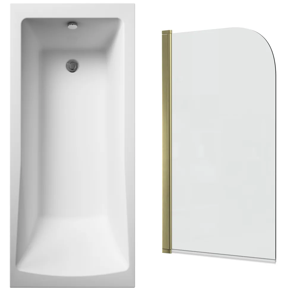 Drench Straight Single Ended Square Bath & Brushed Brass Shower Screen