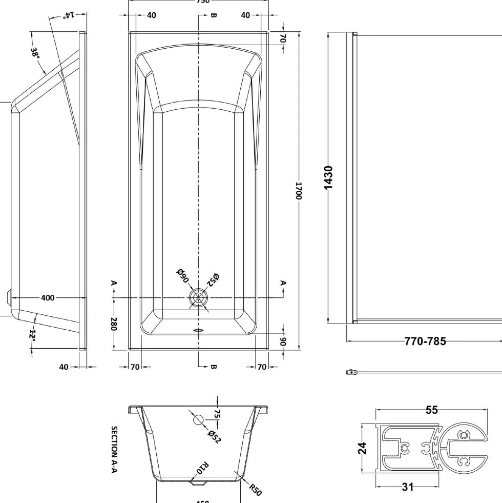 Drench Straight Single Ended Square Bath & Shower Screen