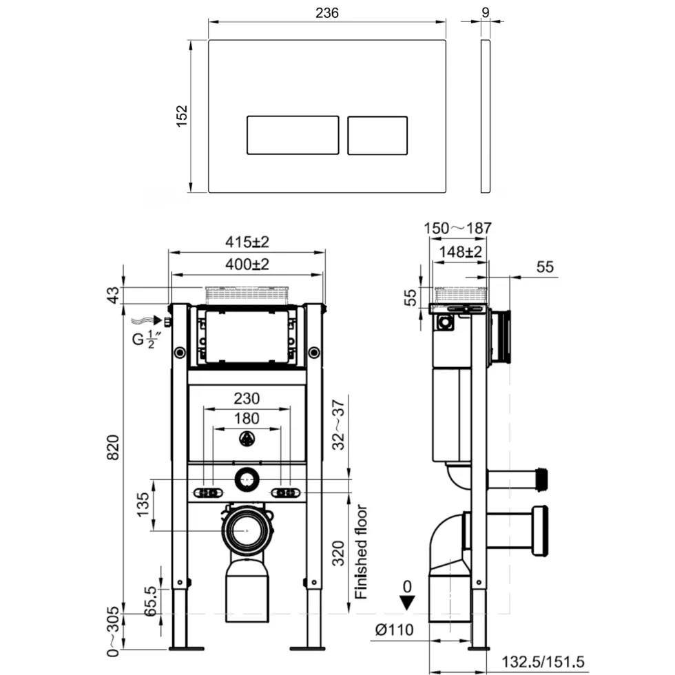 Drench Under Window Wall Hung Toilet Frame, Pneumatic Concealed Cistern & Dual Flush Plate with Angular Buttons