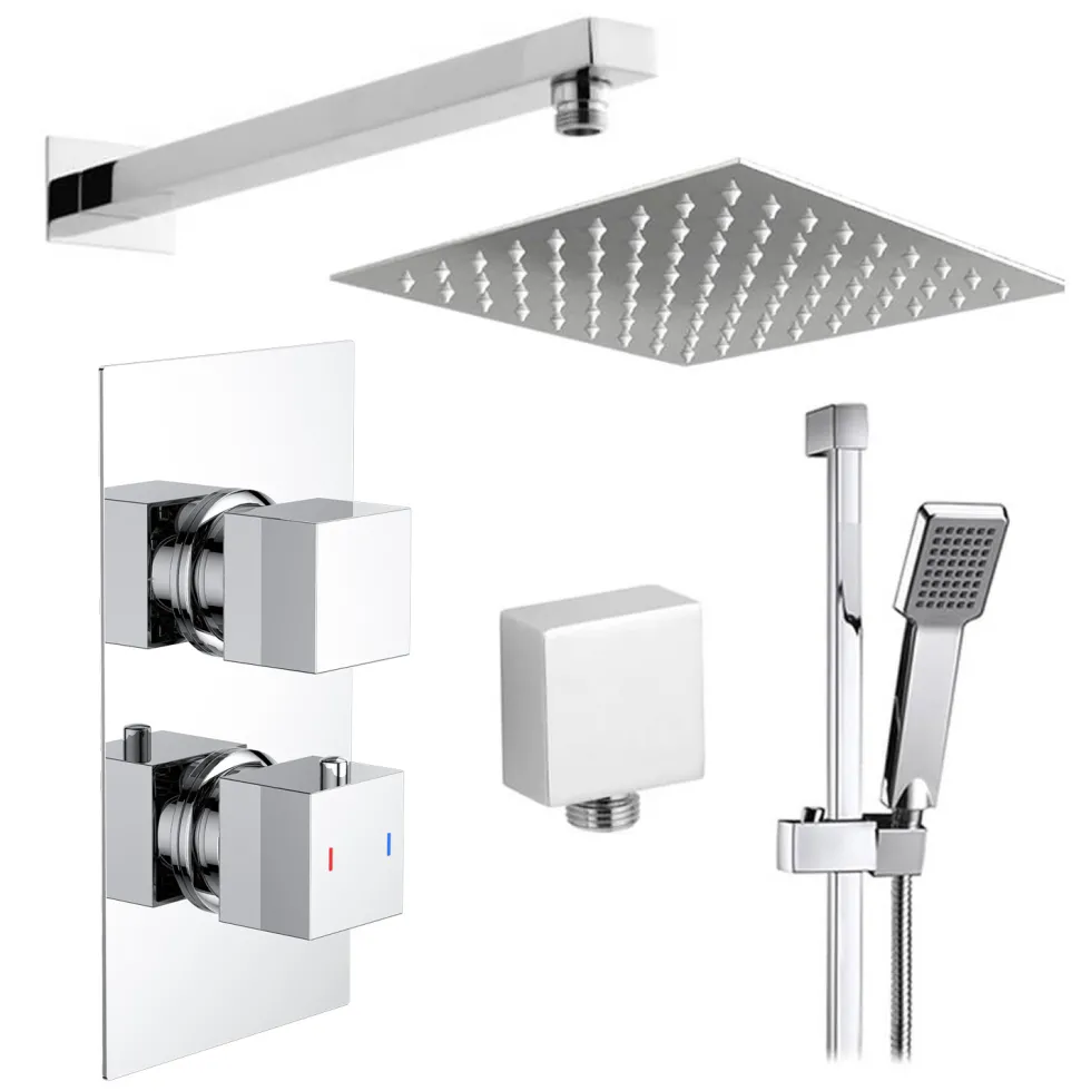 Drew Square Concealed Shower Valve with Fixed Head & Slide Rail Kit