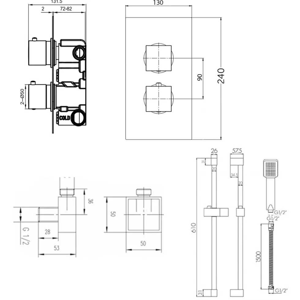 Drew Square Concealed Shower Valve with Fixed Head & Slide Rail Kit