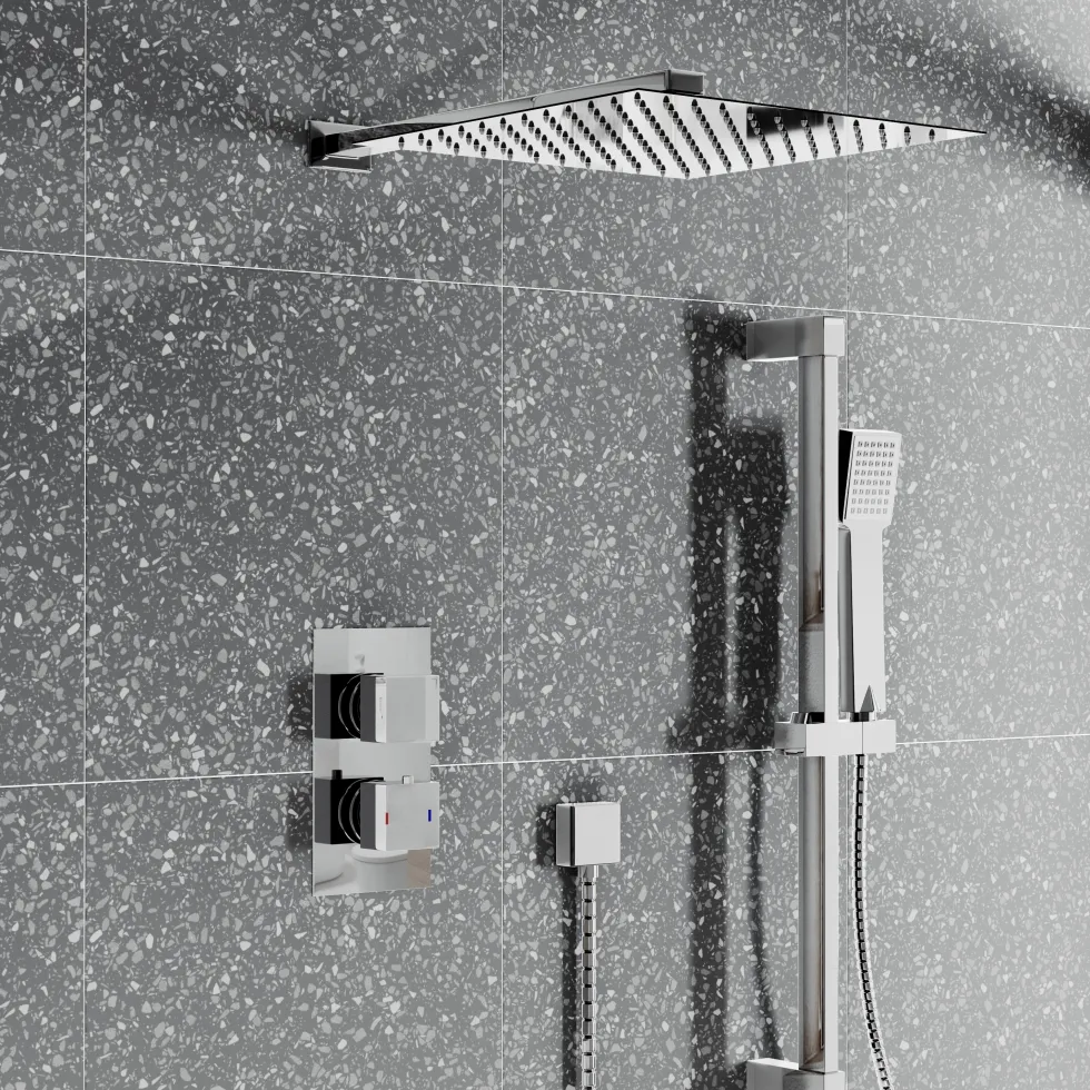 Drew Square Concealed Shower Valve with Fixed Head & Slide Rail Kit