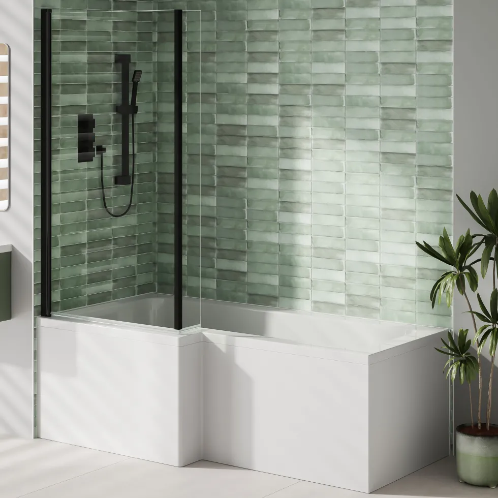 Dylan Complete Matt Black Bathroom Suite with 1700mm L Shaped Shower Bath & Rimless Toilet