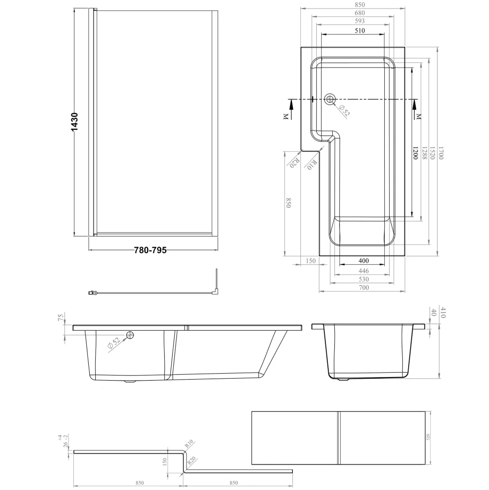 Dylan Complete Matt Black Bathroom Suite with 1700mm L Shaped Shower Bath & Rimless Toilet