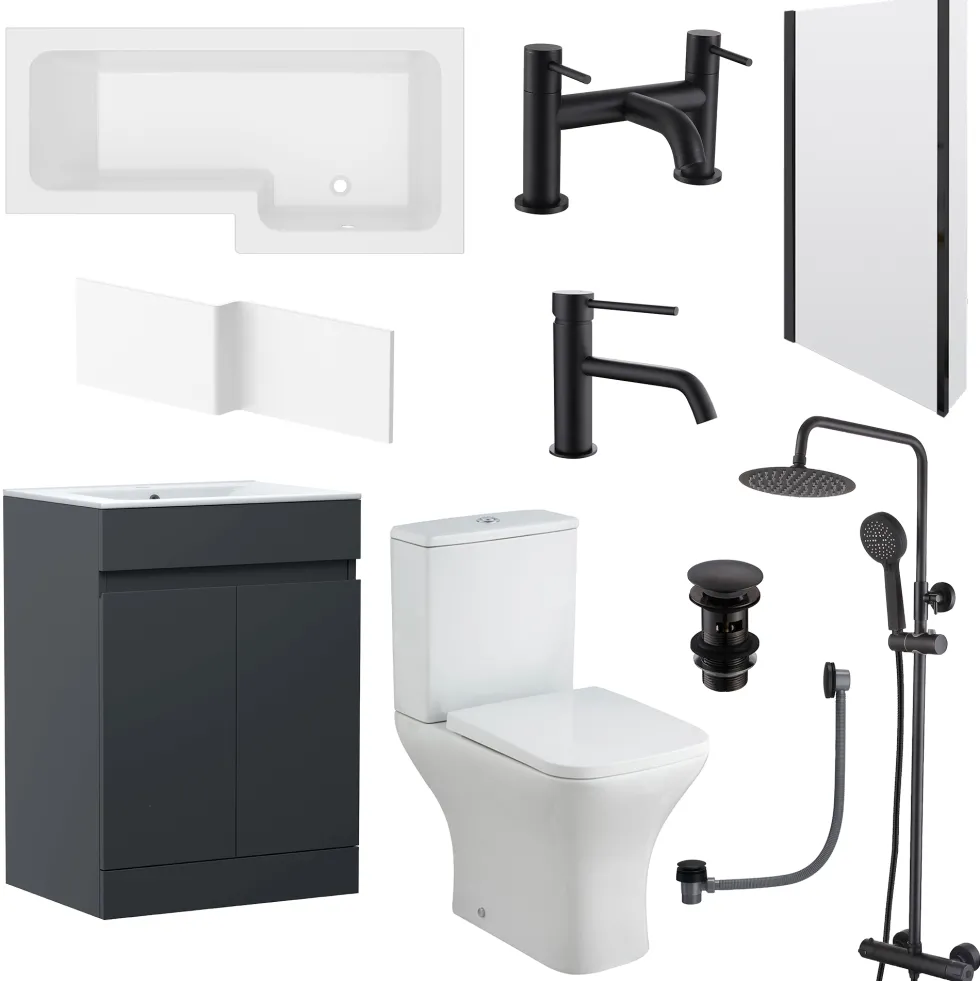 Dylan Complete Matt Black Bathroom Suite with 1700mm L Shaped Shower Bath & Rimless Toilet