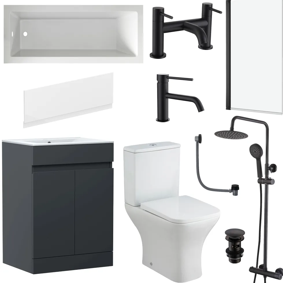 Dylan Complete Matt Black Bathroom Suite with Reinforced Shower Bath & Rimless Toilet