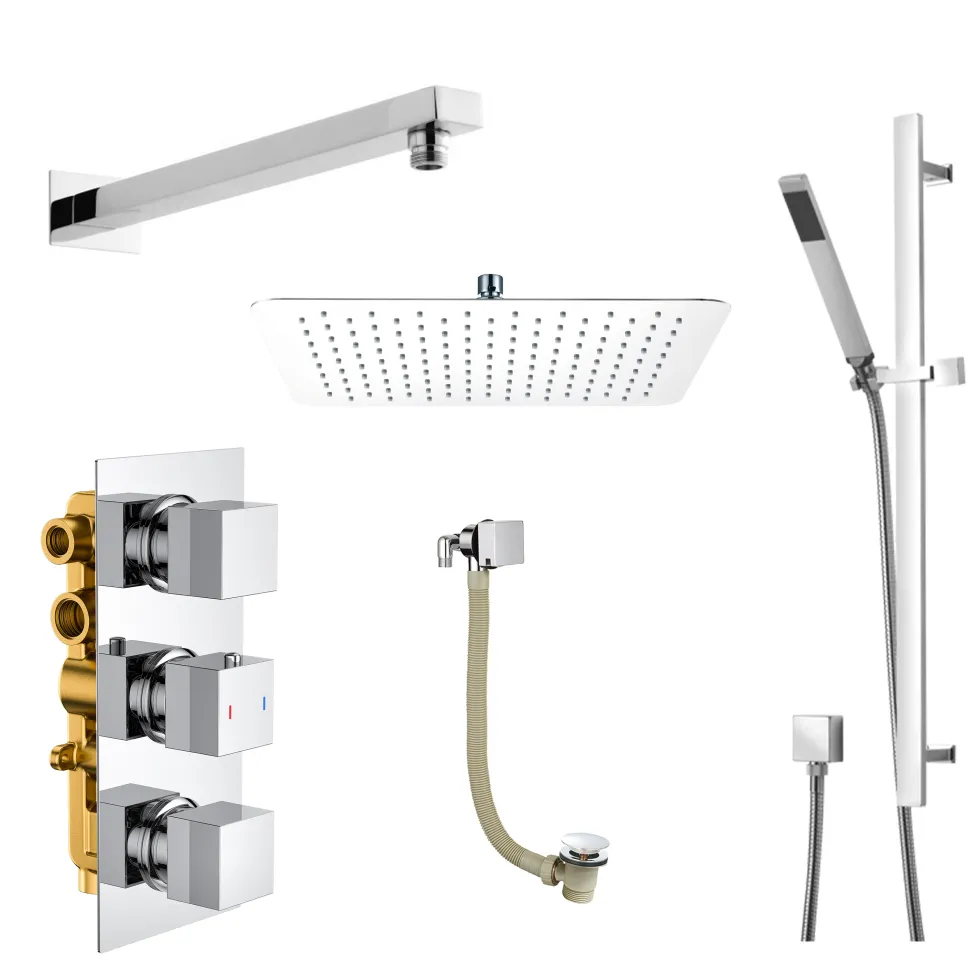 Elijah Concealed Shower Valve with Fixed Head, Slide Rail Kit & Overflow Bath Filler