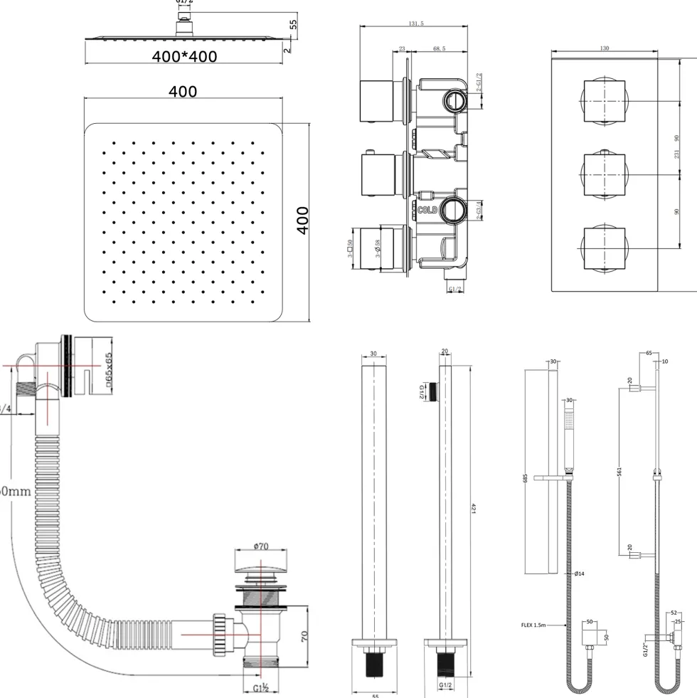Elijah Concealed Shower Valve with Fixed Head, Slide Rail Kit & Overflow Bath Filler