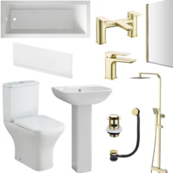 Emily Complete Brushed Brass Bathroom Suite with Reinforced Shower Bath & Rimless Toilet