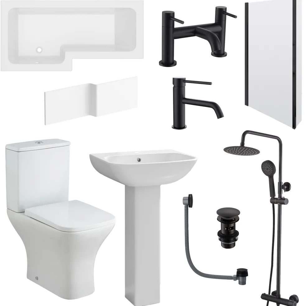 Emily Complete Matt Black Bathroom Suite with 1700mm L Shaped Shower Bath & Rimless Toilet