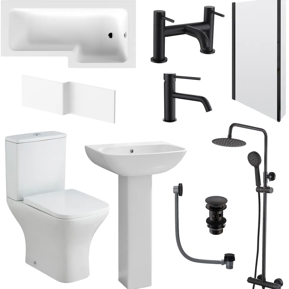 Emily Complete Matt Black Bathroom Suite with 1700mm L Shaped Shower Bath & Rimless Toilet