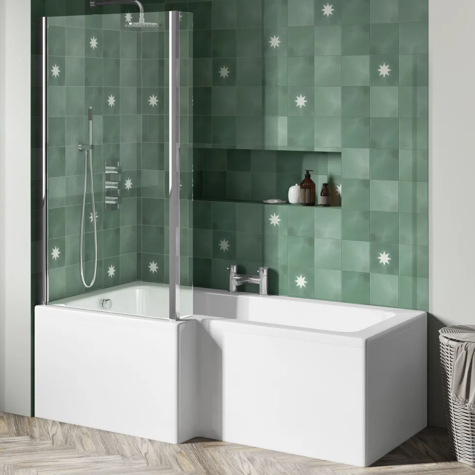 Emily Complete Modern Bathroom Suite with 1700mm L Shaped Shower Bath & Rimless Toilet