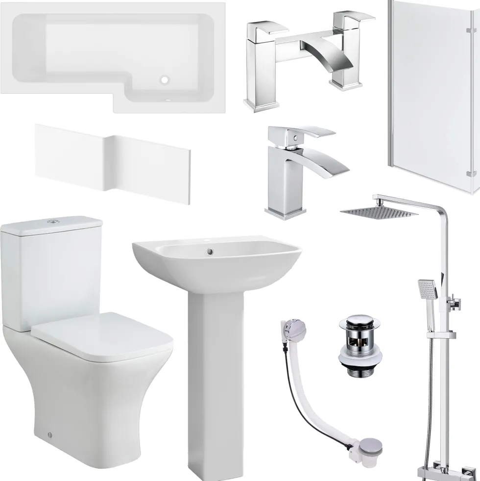 Emily Complete Modern Bathroom Suite with 1700mm L Shaped Shower Bath & Rimless Toilet