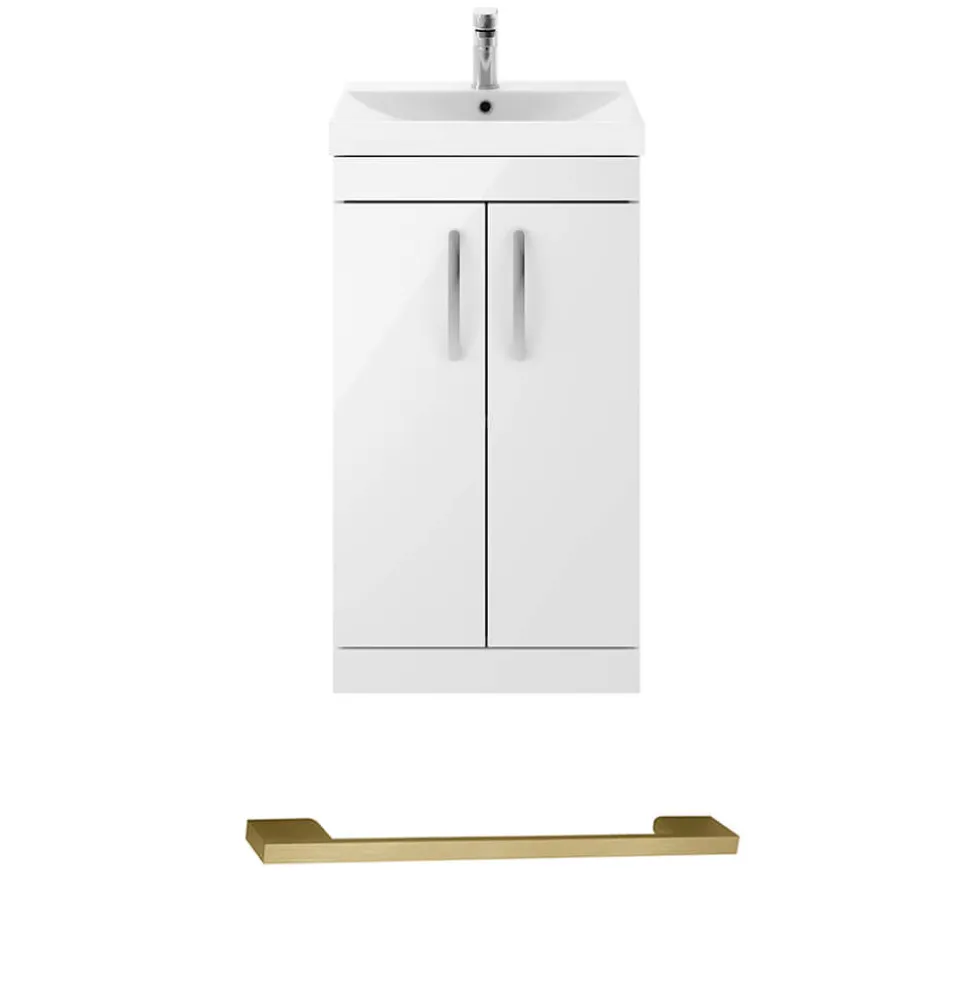 Emily Gloss White Floorstanding 2 Door Vanity Unit, Thin-Edged Basin, Brushed Brass Handles & Overflow