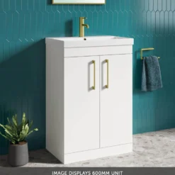 Emily Gloss White Floorstanding 2 Door Vanity Unit, Thin-Edged Basin, Brushed Brass Handles & Overflow