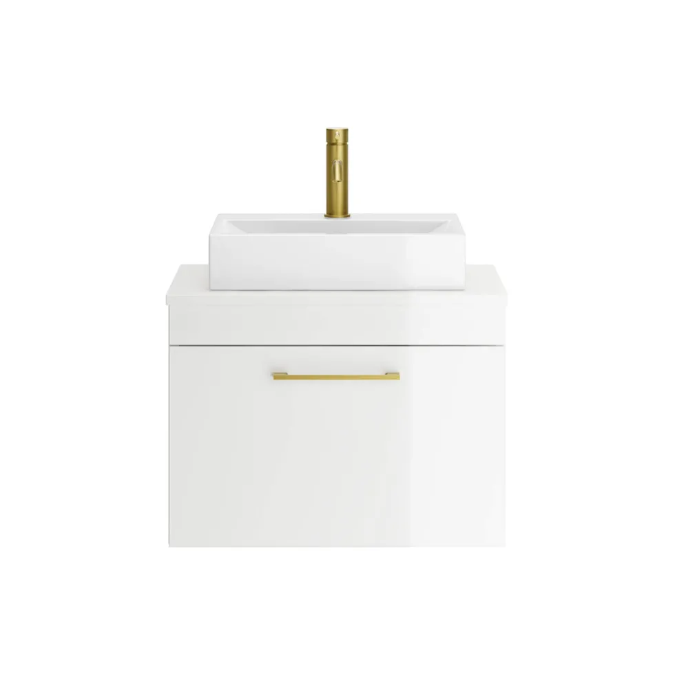 Emily Gloss White Wall Mounted 1 Drawer Vanity Unit and Countertop with Brushed Brass Handle