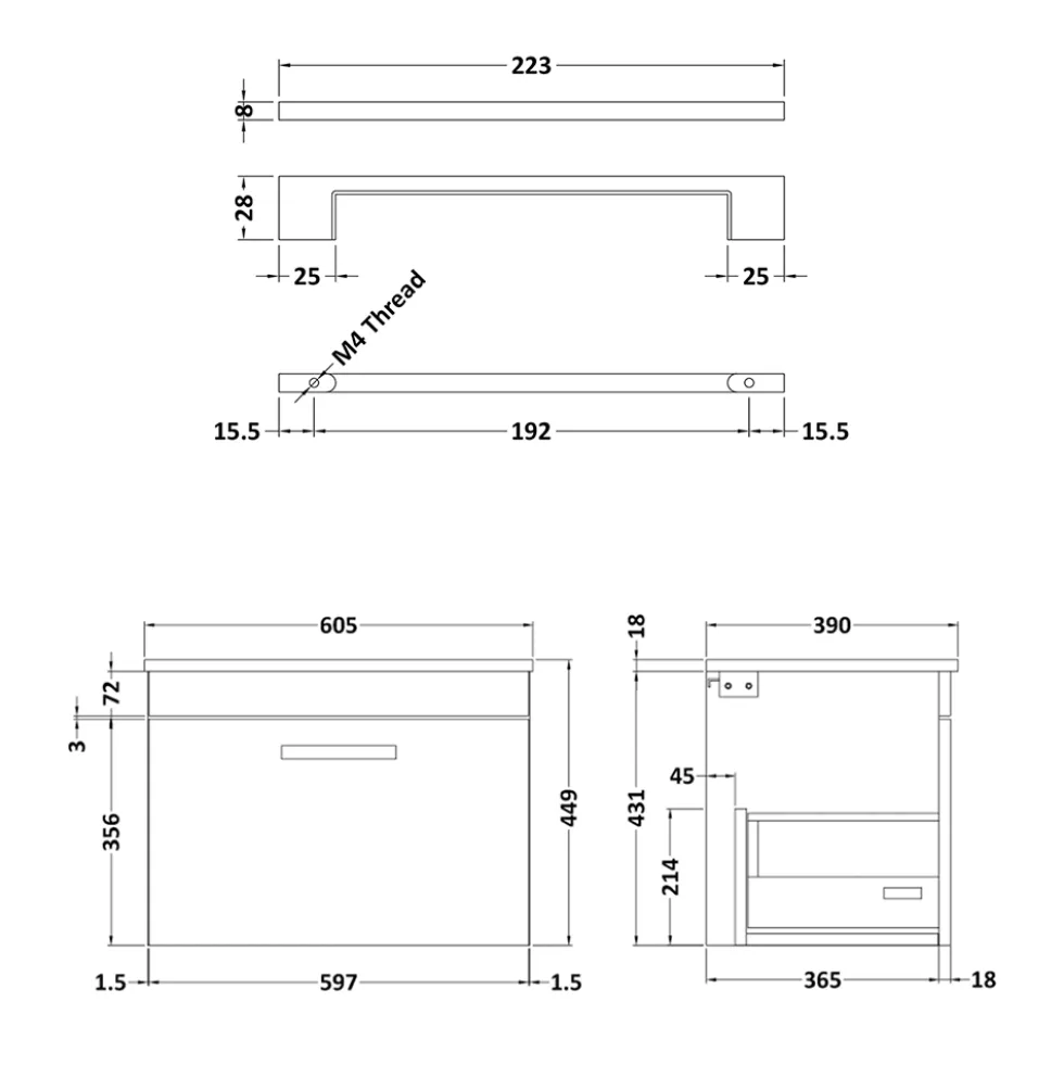 Emily Gloss White Wall Mounted 1 Drawer Vanity Unit and Countertop with Matt Black Handle