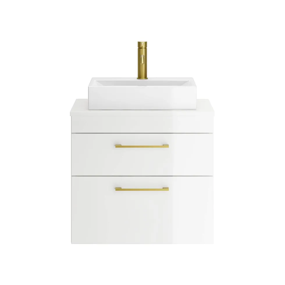 Emily Gloss White Wall Mounted 2 Drawer Vanity Unit and Countertop with Brushed Brass Handles