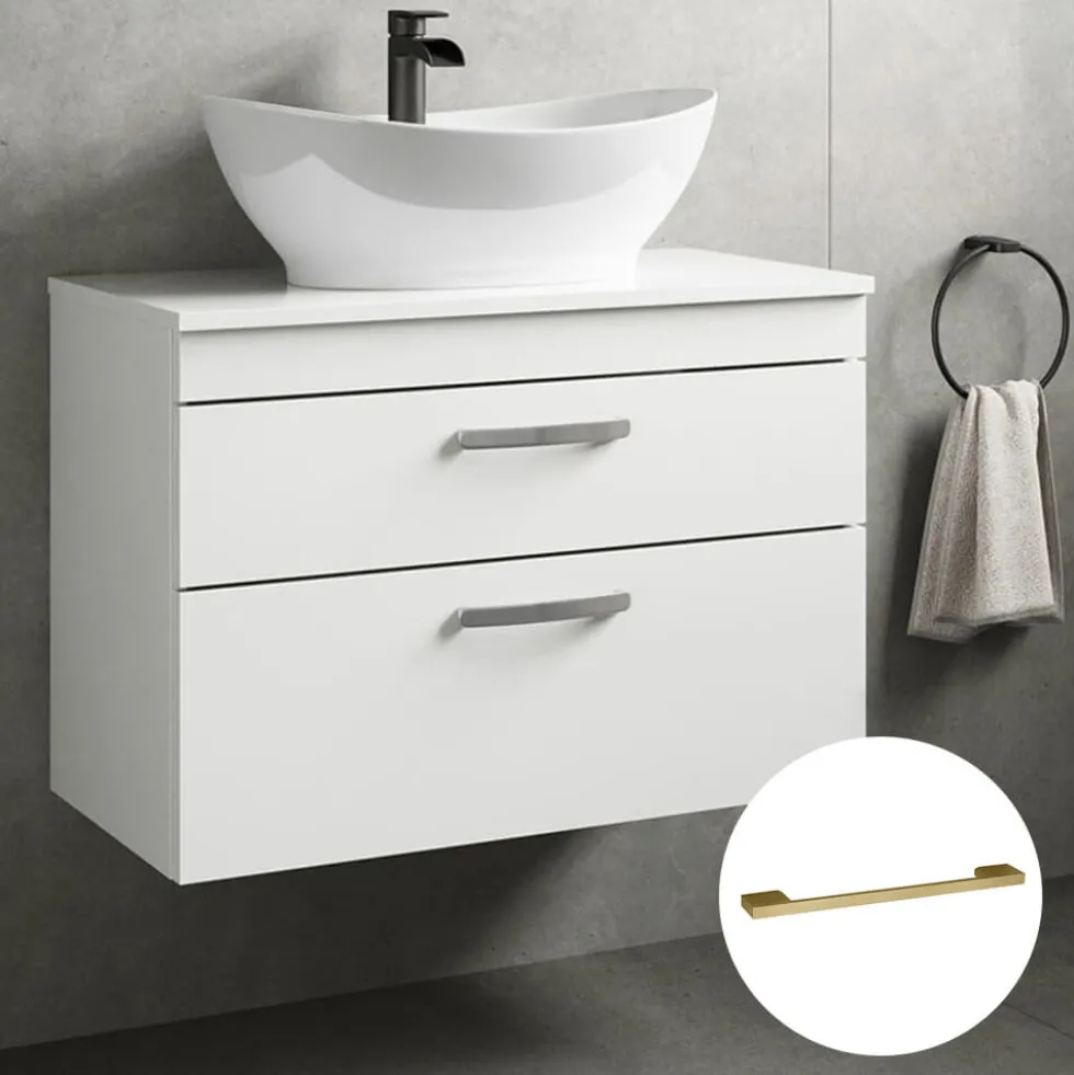 Emily Gloss White Wall Mounted 2 Drawer Vanity Unit and Countertop with Brushed Brass Handles