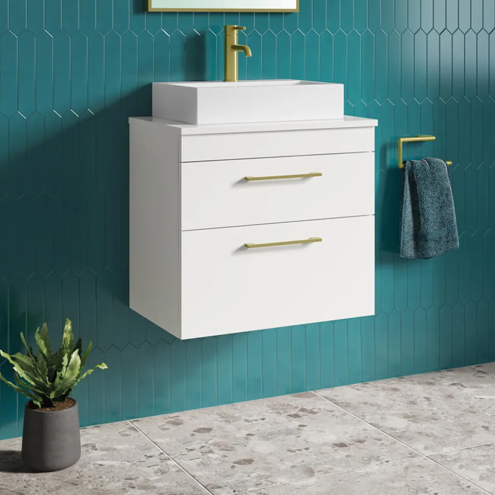 Emily Gloss White Wall Mounted 2 Drawer Vanity Unit and Countertop with Brushed Brass Handles