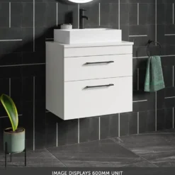 Emily Gloss White Wall Mounted 2 Drawer Vanity Unit and Countertop with Matt Black Handles