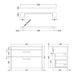Emily Gloss White Wall Mounted 2 Drawer Vanity Unit and Countertop with Matt Black Handles